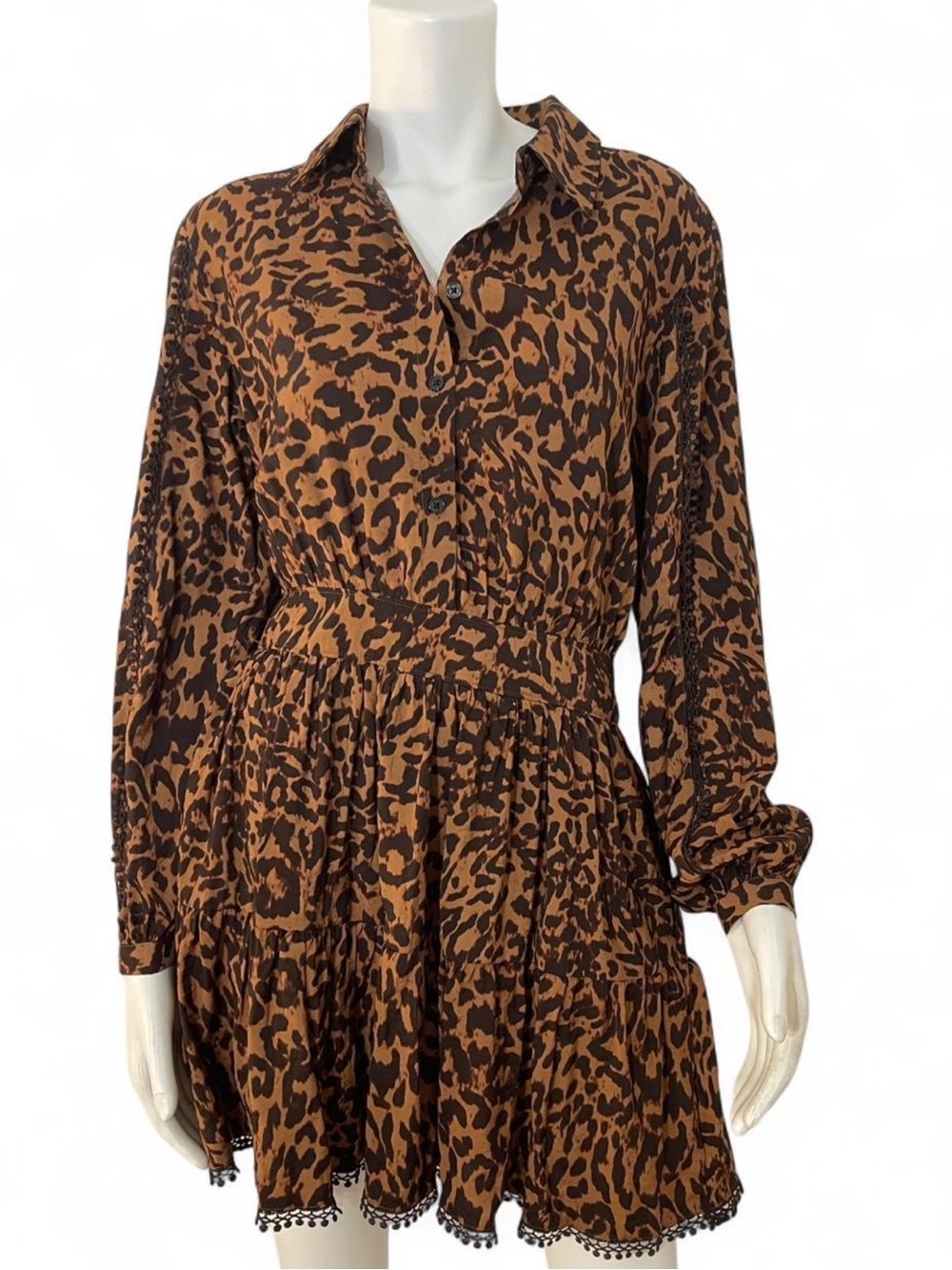 Rebecca Minkoff Leopard Print Mini Dress Long Sleeve Brown Animal Ruffle Party‎